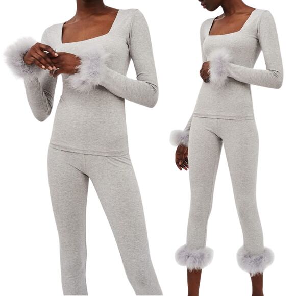 Sleeper Weekend Chic Pajama Set NEW Grey 2 Pc Feather Trim Matching Set Size L - Picture 1 of 11